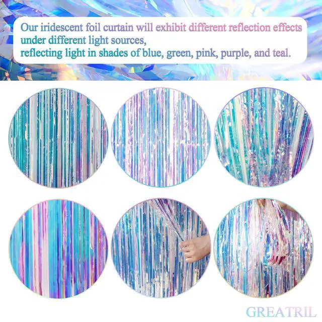 Alt view image 6 of 7 - Iridescent Party Streamers Backdrop - GREATRIL Neon Transparent Holographic Tinsel Foil Fringe Curtain for Mermaid/Frozen/Sea/Euphoria/ERAS Party Theme Decorations 3.2ft x 6.5ft 2 PCS