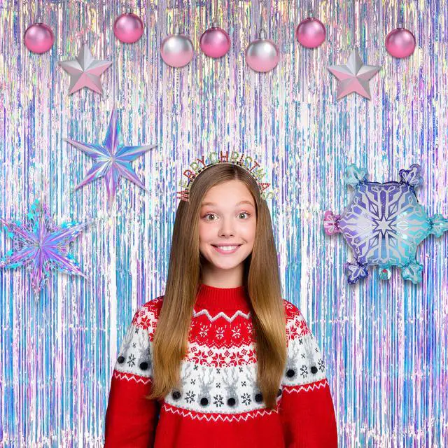 Alt view image 3 of 7 - Iridescent Party Streamers Backdrop - GREATRIL Neon Transparent Holographic Tinsel Foil Fringe Curtain for Mermaid/Frozen/Sea/Euphoria/ERAS Party Theme Decorations 3.2ft x 6.5ft 2 PCS