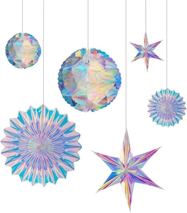 Main image of Iridescent Party Decorations, Hanging Honeycomb Balls, Paper Fans & 3D Star Ornaments, Holographic Ceiling Decor for Birthday, Wedding, Baby Shower, Christmas, Disco & Euphoria Theme Parties