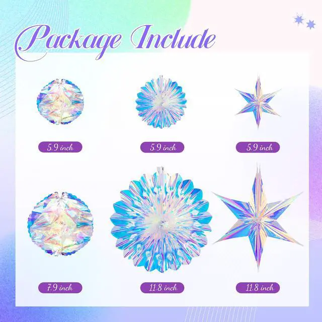 Alt view image 3 of 7 - Iridescent Party Decorations, Hanging Honeycomb Balls, Paper Fans & 3D Star Ornaments, Holographic Ceiling Decor for Birthday, Wedding, Baby Shower, Christmas, Disco & Euphoria Theme Parties