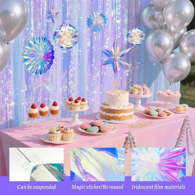 Alt view image 6 of 7 - Iridescent Party Decorations, Hanging Honeycomb Balls, Paper Fans & 3D Star Ornaments, Holographic Ceiling Decor for Birthday, Wedding, Baby Shower, Christmas, Disco & Euphoria Theme Parties