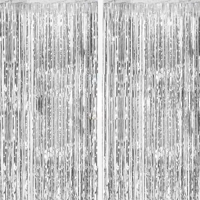 Main image of 2 Pack Silver Foil Curtain Party Streamers Metallic Tinsel Foil Fringe Photo Booth Backdrop for Birthday Wedding Engagement Baby Shower Bachelorette Christmas Holiday Celebration Party Decorations