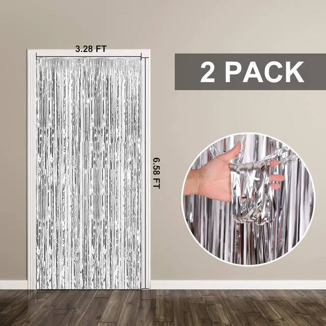 Alt view image 7 of 7 - 2 Pack Silver Foil Curtain Party Streamers Metallic Tinsel Foil Fringe Photo Booth Backdrop for Birthday Wedding Engagement Baby Shower Bachelorette Christmas Holiday Celebration Party Decorations