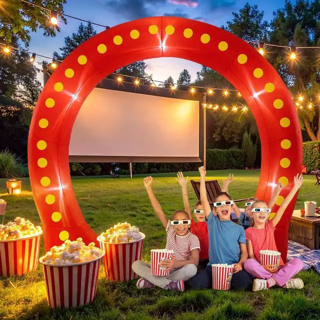 Alt view image 7 of 7 - 10ft Movie Night and Casino Inflatable Garland Arch with LED Lights and Air Blower Giant Party Photo Booth for Outdoor Birthdays Carnivals and Themed Events (Movie Night Style,Red)
