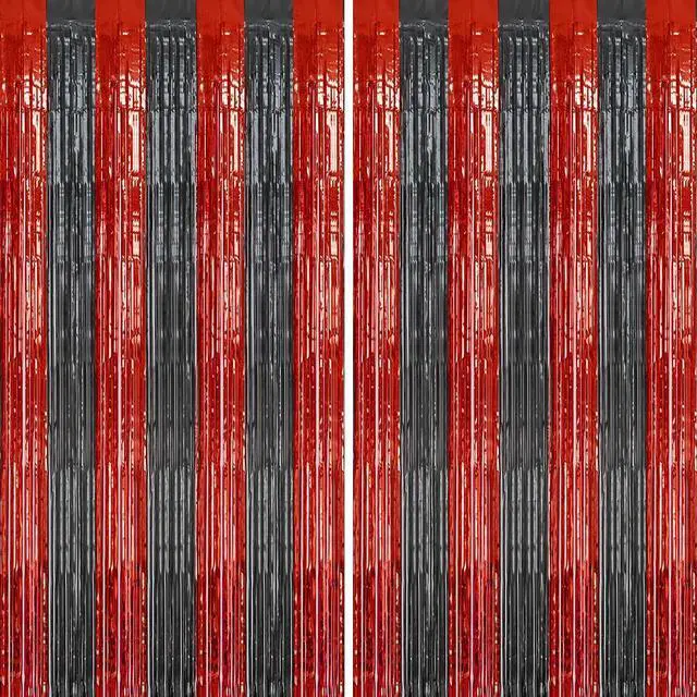 Main image of 2 Pack Foil Fringe Backdrop - Red&Black Shiny Tinsel Curtains for Party Decoration/Photo Booth Props - 3.3x6.6 FT Metallic Foil Backdrop for Birthday, Wedding, Graduation, Christmas.