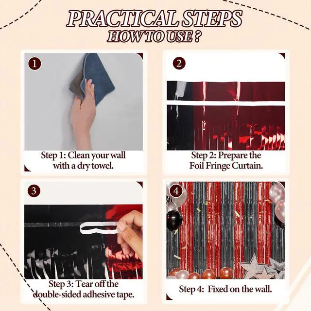 Alt view image 2 of 6 - 2 Pack Foil Fringe Backdrop - Red&Black Shiny Tinsel Curtains for Party Decoration/Photo Booth Props - 3.3x6.6 FT Metallic Foil Backdrop for Birthday, Wedding, Graduation, Christmas.