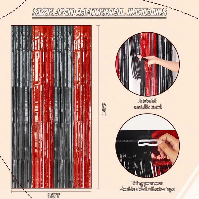 Alt view image 3 of 6 - 2 Pack Foil Fringe Backdrop - Red&Black Shiny Tinsel Curtains for Party Decoration/Photo Booth Props - 3.3x6.6 FT Metallic Foil Backdrop for Birthday, Wedding, Graduation, Christmas.
