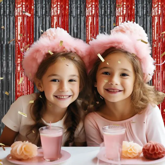 Alt view image 5 of 6 - 2 Pack Foil Fringe Backdrop - Red&Black Shiny Tinsel Curtains for Party Decoration/Photo Booth Props - 3.3x6.6 FT Metallic Foil Backdrop for Birthday, Wedding, Graduation, Christmas.