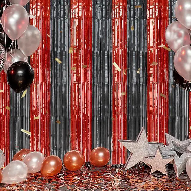 Alt view image 6 of 6 - 2 Pack Foil Fringe Backdrop - Red&Black Shiny Tinsel Curtains for Party Decoration/Photo Booth Props - 3.3x6.6 FT Metallic Foil Backdrop for Birthday, Wedding, Graduation, Christmas.