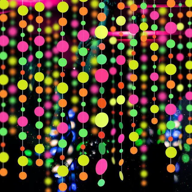 Main image of 110feet UV Round Dot Paper Neon Garland Streamers Black Light Neon Decorations for Dark Glow Party UV Reactive Glow in The Dark Party Supplies Wedding Birthday Banner Decoration