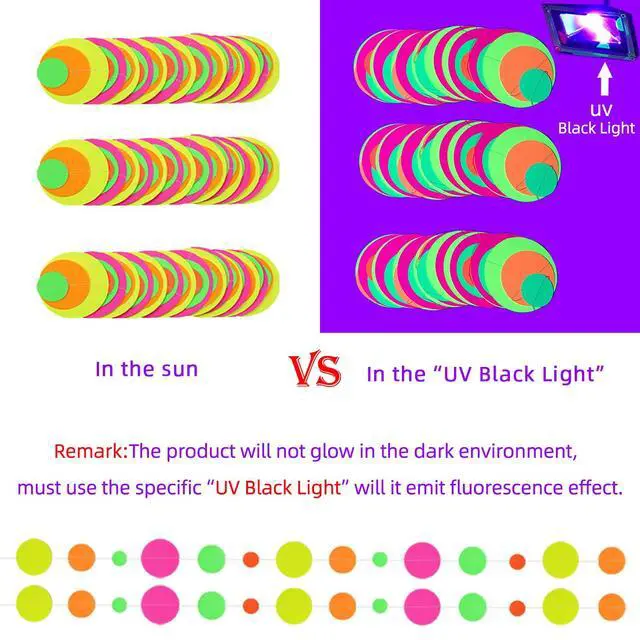 Alt view image 3 of 7 - 110feet UV Round Dot Paper Neon Garland Streamers Black Light Neon Decorations for Dark Glow Party UV Reactive Glow in The Dark Party Supplies Wedding Birthday Banner Decoration