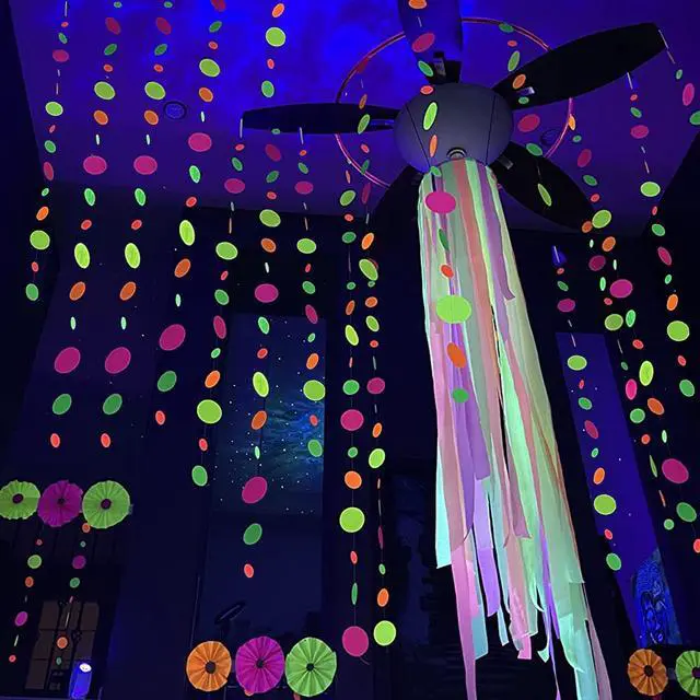 Alt view image 4 of 7 - 110feet UV Round Dot Paper Neon Garland Streamers Black Light Neon Decorations for Dark Glow Party UV Reactive Glow in The Dark Party Supplies Wedding Birthday Banner Decoration