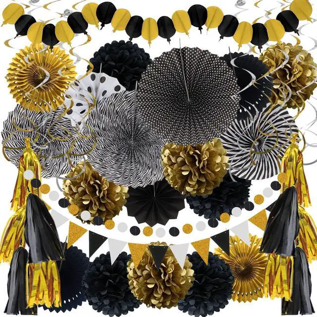 Main image of Party Decorations, 41 Pcs Black and Gold Papar Fans Pompoms Garlands String Tissue Paper Tassel for Graduation Congrats Grad New Years Wedding Birthday Party