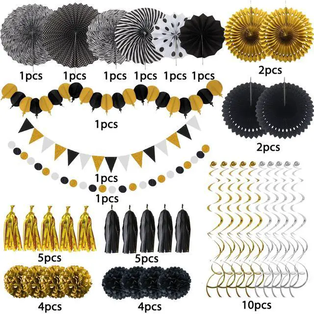 Alt view image 2 of 7 - Party Decorations, 41 Pcs Black and Gold Papar Fans Pompoms Garlands String Tissue Paper Tassel for Graduation Congrats Grad New Years Wedding Birthday Party