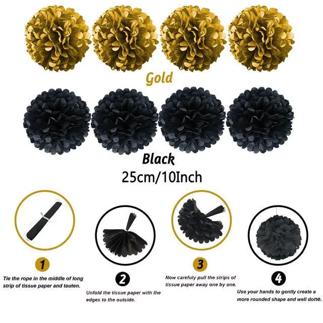 Alt view image 3 of 7 - Party Decorations, 41 Pcs Black and Gold Papar Fans Pompoms Garlands String Tissue Paper Tassel for Graduation Congrats Grad New Years Wedding Birthday Party