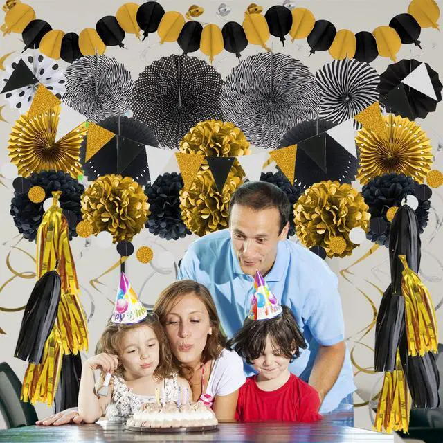Alt view image 7 of 7 - Party Decorations, 41 Pcs Black and Gold Papar Fans Pompoms Garlands String Tissue Paper Tassel for Graduation Congrats Grad New Years Wedding Birthday Party