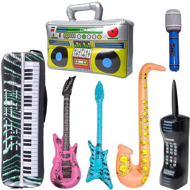 Main image of Inflatable Rock Star Toy Set, 7 Pack Inflatable Boom Box Mobile Phone Guitar Bass Party Props for 80's 90's Party Decorations, Rock and Roll Party Favors Supplies, Christmas Birthday Party Gifts.