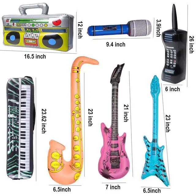 Alt view image 6 of 6 - Inflatable Rock Star Toy Set, 7 Pack Inflatable Boom Box Mobile Phone Guitar Bass Party Props for 80's 90's Party Decorations, Rock and Roll Party Favors Supplies, Christmas Birthday Party Gifts.