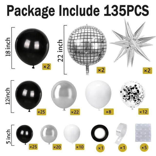 Alt view image 2 of 7 - Black Silver Balloons Arch Kit Garland with Disco Ball Balloons White Balloons for Disco Party Decorations Men Birthday Rock Music Summer Halloween Pool Party Anniversary Party Decorations