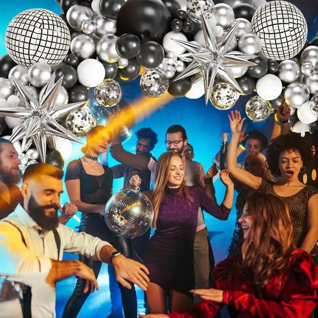 Alt view image 3 of 7 - Black Silver Balloons Arch Kit Garland with Disco Ball Balloons White Balloons for Disco Party Decorations Men Birthday Rock Music Summer Halloween Pool Party Anniversary Party Decorations