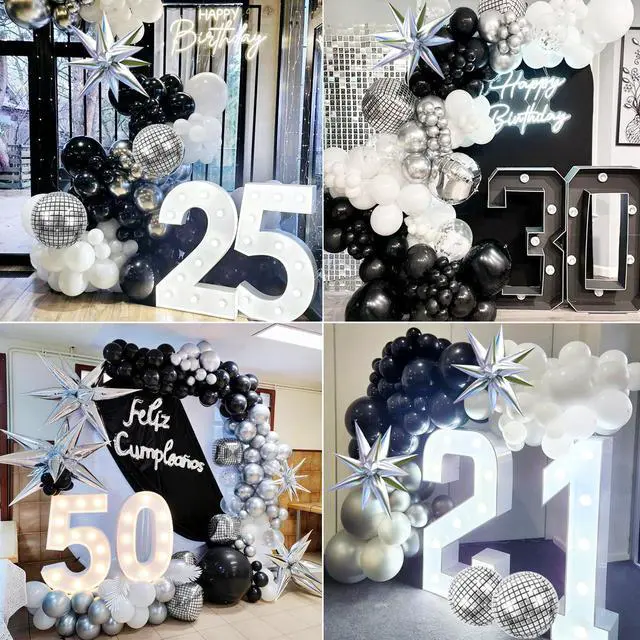 Alt view image 4 of 7 - Black Silver Balloons Arch Kit Garland with Disco Ball Balloons White Balloons for Disco Party Decorations Men Birthday Rock Music Summer Halloween Pool Party Anniversary Party Decorations