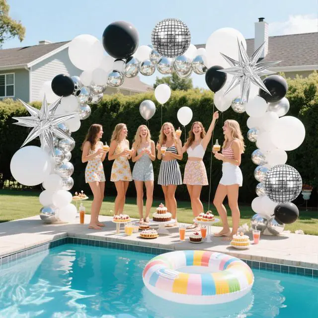 Alt view image 6 of 7 - Black Silver Balloons Arch Kit Garland with Disco Ball Balloons White Balloons for Disco Party Decorations Men Birthday Rock Music Summer Halloween Pool Party Anniversary Party Decorations