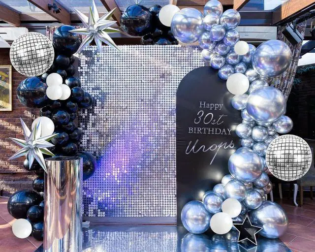 Alt view image 7 of 7 - Black Silver Balloons Arch Kit Garland with Disco Ball Balloons White Balloons for Disco Party Decorations Men Birthday Rock Music Summer Halloween Pool Party Anniversary Party Decorations