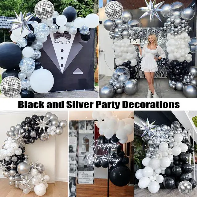Alt view image 5 of 7 - Black Silver Balloons Arch Kit Garland with Disco Ball Balloons White Balloons for Disco Party Decorations Men Birthday Rock Music Summer Halloween Pool Party Anniversary Party Decorations