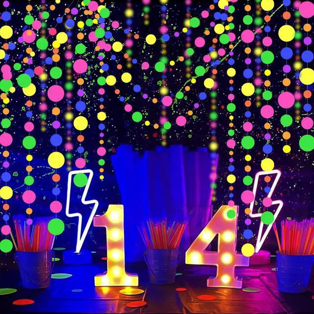 Alt view image 2 of 7 - 120feet UV Round Dot Paper Neon Garland Neon Streamers Decorations UV Reactive Black Light Party Favors Glow in The Dark Party Supplies for Wedding Birthday Garlands