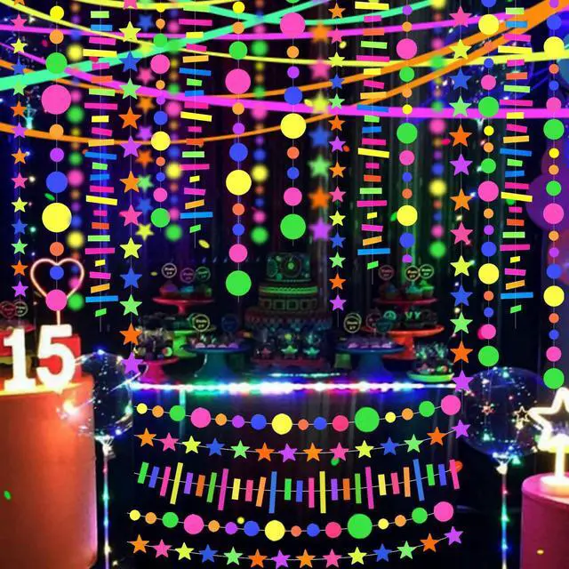 Alt view image 3 of 7 - 120feet UV Round Dot Paper Neon Garland Neon Streamers Decorations UV Reactive Black Light Party Favors Glow in The Dark Party Supplies for Wedding Birthday Garlands