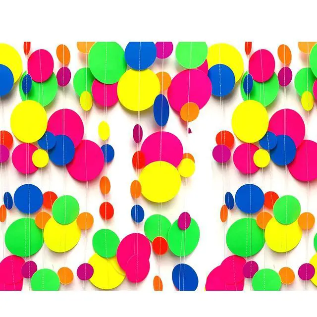 Alt view image 5 of 7 - 120feet UV Round Dot Paper Neon Garland Neon Streamers Decorations UV Reactive Black Light Party Favors Glow in The Dark Party Supplies for Wedding Birthday Garlands