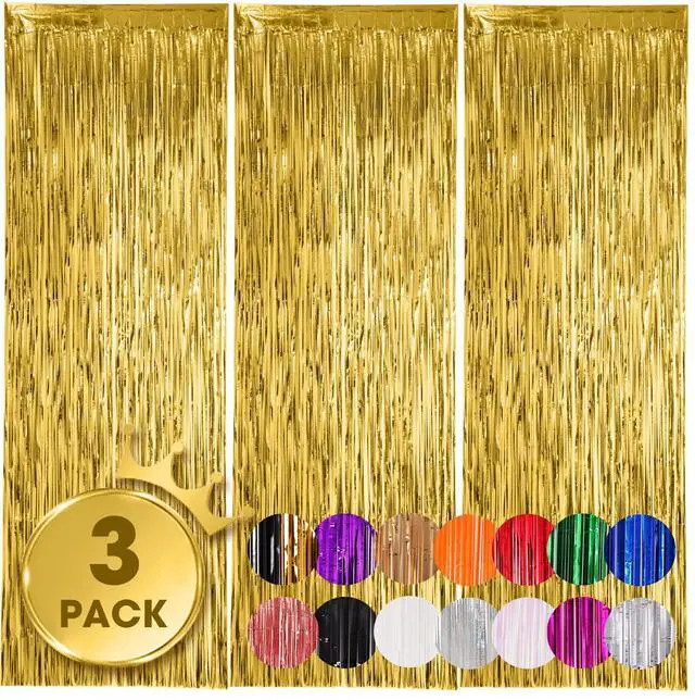 Main image of 3 Pack 3.3x8.2 Feet Gold Foil Fringe Backdrop Curtains, Tinsel Streamers, Fringe Backdrop for 2025 New Years Eve, Graduation, Birthday, Baby Shower, Gender Reveal, Disco Party