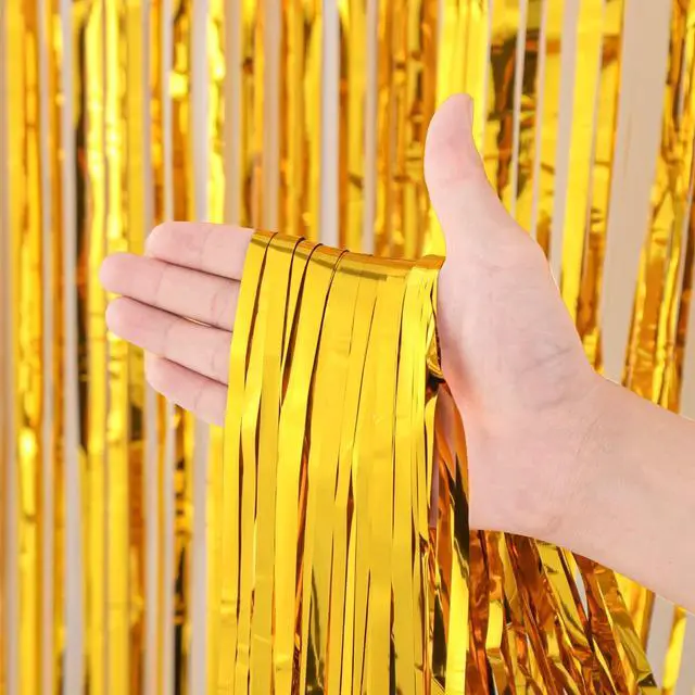 Alt view image 2 of 7 - 3 Pack 3.3x8.2 Feet Gold Foil Fringe Backdrop Curtains, Tinsel Streamers, Fringe Backdrop for 2025 New Years Eve, Graduation, Birthday, Baby Shower, Gender Reveal, Disco Party