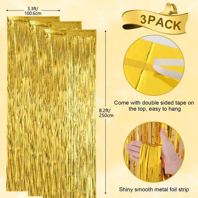 Alt view image 3 of 7 - 3 Pack 3.3x8.2 Feet Gold Foil Fringe Backdrop Curtains, Tinsel Streamers, Fringe Backdrop for 2025 New Years Eve, Graduation, Birthday, Baby Shower, Gender Reveal, Disco Party