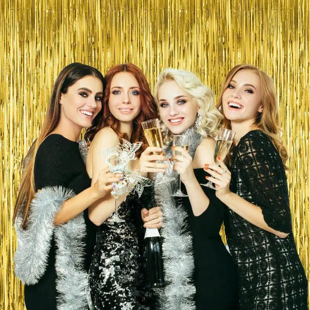 Alt view image 7 of 7 - 3 Pack 3.3x8.2 Feet Gold Foil Fringe Backdrop Curtains, Tinsel Streamers, Fringe Backdrop for 2025 New Years Eve, Graduation, Birthday, Baby Shower, Gender Reveal, Disco Party