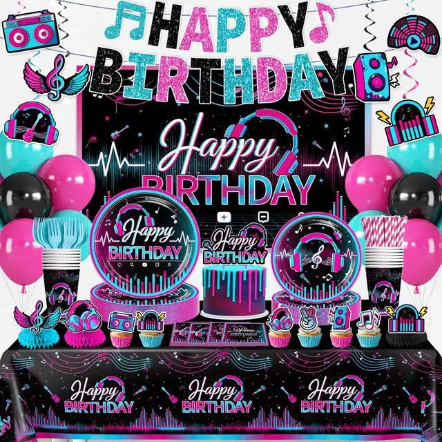 Main image of Karaoke Party Decorations for 25 Guests, 208PCS All-in-One Music Party Supplies Set with Banner, Backdrop, Balloons, Cake Toppers, Plates, Napkins and Tablecloth, Music Theme Birthday Decor