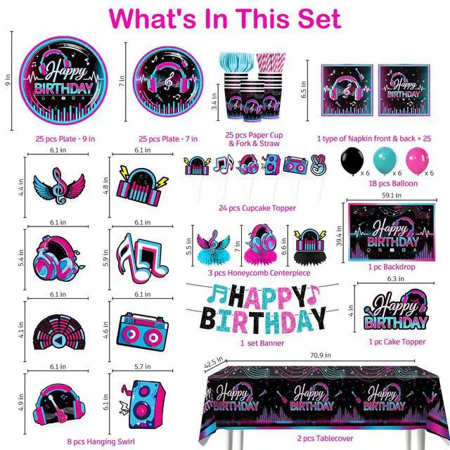Alt view image 2 of 7 - Karaoke Party Decorations for 25 Guests, 208PCS All-in-One Music Party Supplies Set with Banner, Backdrop, Balloons, Cake Toppers, Plates, Napkins and Tablecloth, Music Theme Birthday Decor