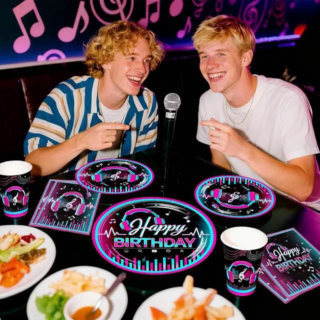 Alt view image 5 of 7 - Karaoke Party Decorations for 25 Guests, 208PCS All-in-One Music Party Supplies Set with Banner, Backdrop, Balloons, Cake Toppers, Plates, Napkins and Tablecloth, Music Theme Birthday Decor