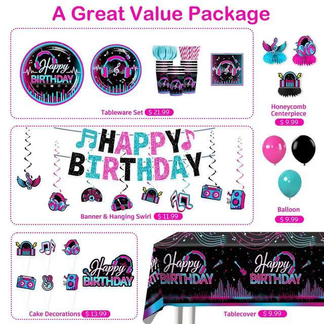 Alt view image 3 of 7 - Karaoke Party Decorations for 25 Guests, 208PCS All-in-One Music Party Supplies Set with Banner, Backdrop, Balloons, Cake Toppers, Plates, Napkins and Tablecloth, Music Theme Birthday Decor