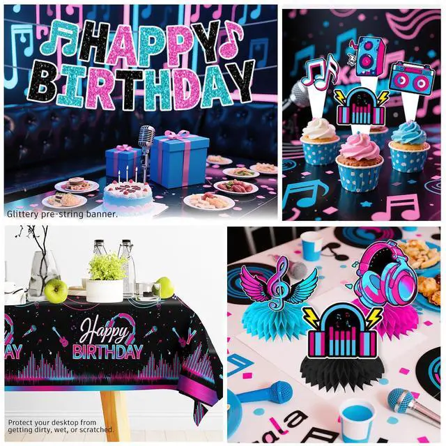 Alt view image 6 of 7 - Karaoke Party Decorations for 25 Guests, 208PCS All-in-One Music Party Supplies Set with Banner, Backdrop, Balloons, Cake Toppers, Plates, Napkins and Tablecloth, Music Theme Birthday Decor