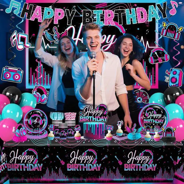 Alt view image 7 of 7 - Karaoke Party Decorations for 25 Guests, 208PCS All-in-One Music Party Supplies Set with Banner, Backdrop, Balloons, Cake Toppers, Plates, Napkins and Tablecloth, Music Theme Birthday Decor