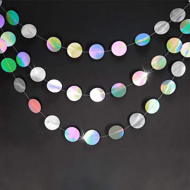 Alt view image 2 of 6 - Iridescent Party Decorations Holographic Circle Garlands Disco Theme Birthday Decorations Bachelorette Hanging Streamers Banner Graduation Decor Euphoria Karaoke Music Party Backdrop