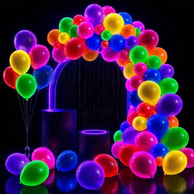 Main image of 100 Pcs UV Neon Balloons, Neon Glow Party Balloons UV BlackLight Balloons glow in the dark party supplies for Birthday Decorations Wedding Glow Party Supplies Light up Balloons