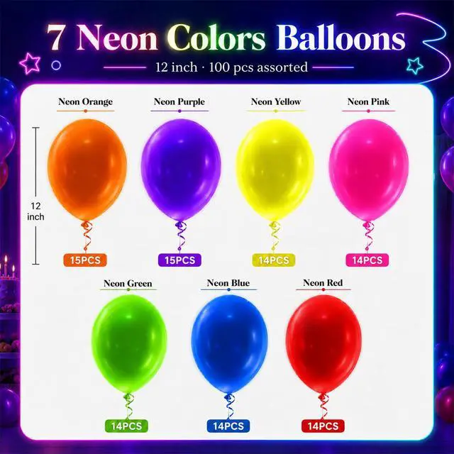 Alt view image 4 of 7 - 100 Pcs UV Neon Balloons, Neon Glow Party Balloons UV BlackLight Balloons glow in the dark party supplies for Birthday Decorations Wedding Glow Party Supplies Light up Balloons