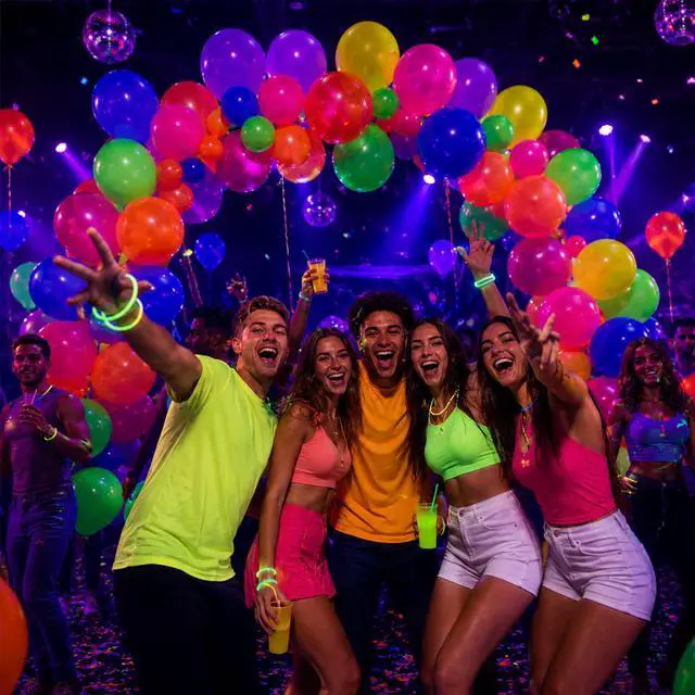 Alt view image 6 of 7 - 100 Pcs UV Neon Balloons, Neon Glow Party Balloons UV BlackLight Balloons glow in the dark party supplies for Birthday Decorations Wedding Glow Party Supplies Light up Balloons