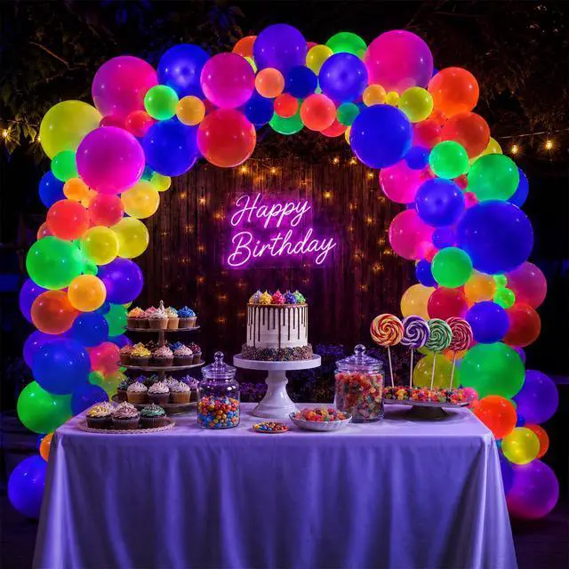 Alt view image 7 of 7 - 100 Pcs UV Neon Balloons, Neon Glow Party Balloons UV BlackLight Balloons glow in the dark party supplies for Birthday Decorations Wedding Glow Party Supplies Light up Balloons
