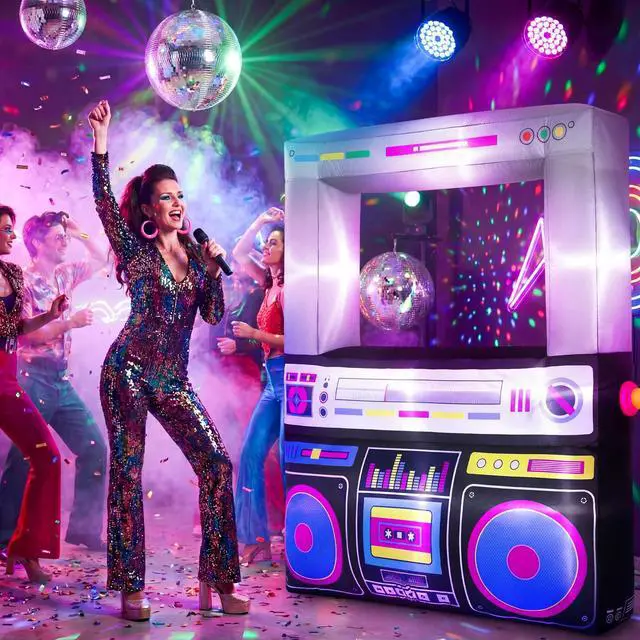 Alt view image 5 of 6 - 6 x 5 ft Inflatable Radio Boombox Decor with Built in LEDs Lighted and Air Blower, 80's 90's Party Decoration Blow up Giant Boombox for Hip Hop Birthday Disco Photo Props(Radio,Black)