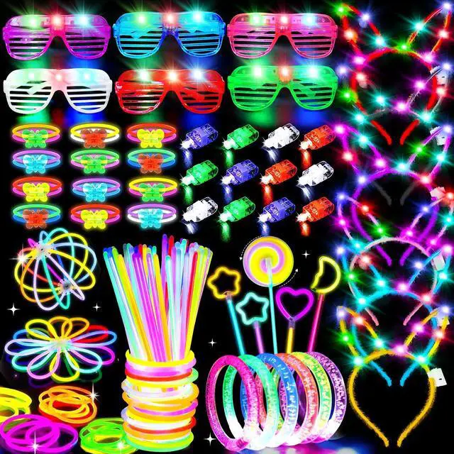 Main image of 156Pcs Glow In The Dark Party Supplies for Kids/Adults, Light Up Accessories with Glasses, Headband, Bracelets, Necklaces, Wand, 100 Glow Sticks Bulk Party Pack, Neon Disco Birthday Party Decorations