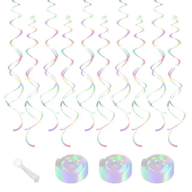Main image of Iridescent Hanging Swirls Party Decorations 30 Pack- Extra Long Double Swirl Ceiling Decorations for Birthday, Baby Shower, Christmas, Wedding| Reusable Iridescent Party Streamers with Hooks