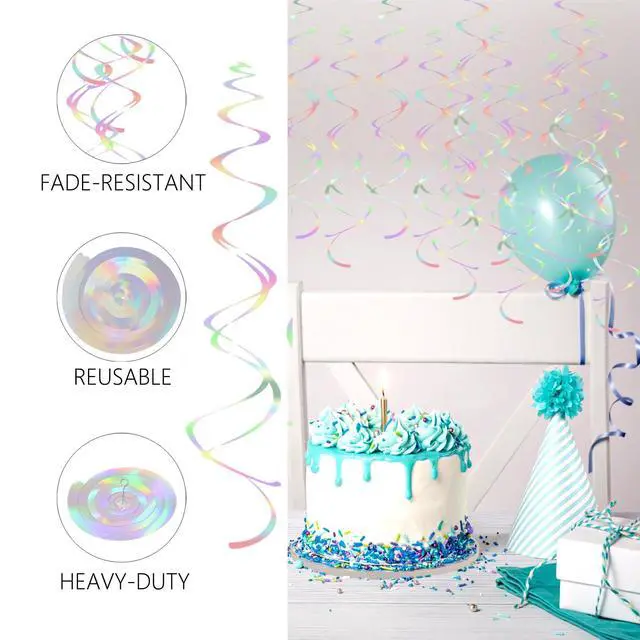 Alt view image 4 of 7 - Iridescent Hanging Swirls Party Decorations 30 Pack- Extra Long Double Swirl Ceiling Decorations for Birthday, Baby Shower, Christmas, Wedding| Reusable Iridescent Party Streamers with Hooks